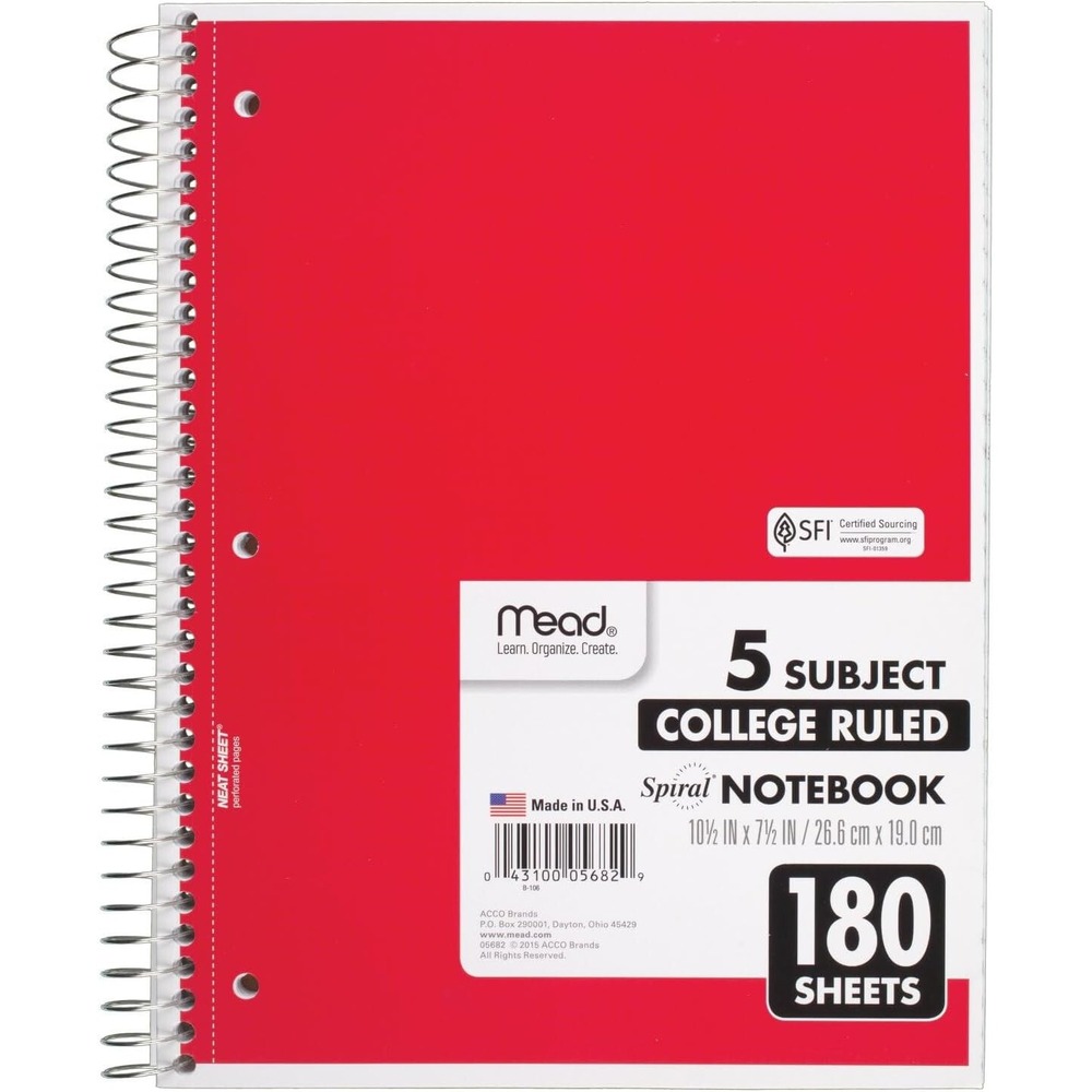 Five Star Spiral Notebook Unisex OS Red NEW 5 Subject College Ruled 180 Sheets